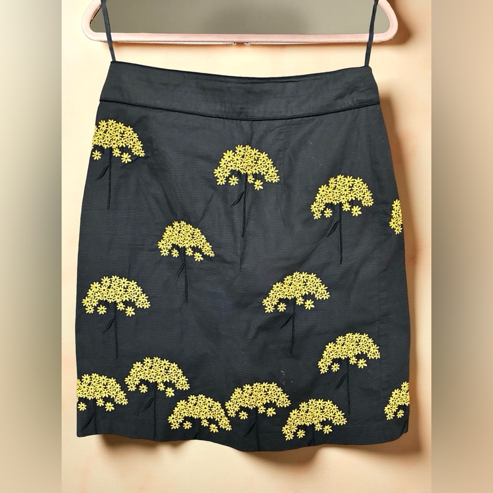 Anthropologie Black Pencil Skirt with Yellow Floral Embroidery